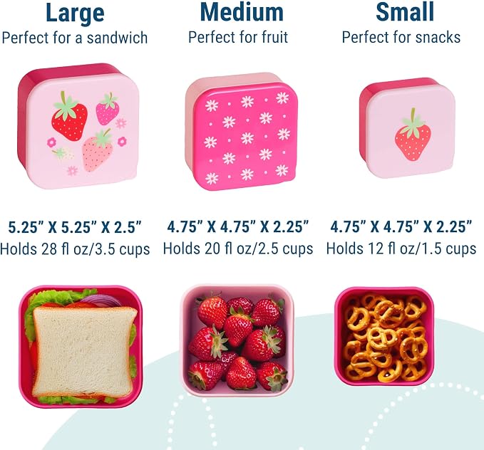 Wildkin Set of 3 Kids Nesting Food Containers for Girls – Stackable, Airtight & BPA-Free Snack Containers, Dishwasher Safe Lunch Box Containers for School & Travel, Ages 3–12 – Strawberry