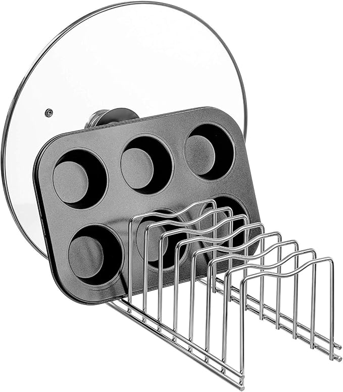 SANNO Pot Lid Holder Organizer, Rack Holder Rest Storage, for Pot Lids, Plates, Cutting Boards, Bakeware, Cooling Rack, Serving Trays, Total 8 Compartments, Stainless Steel