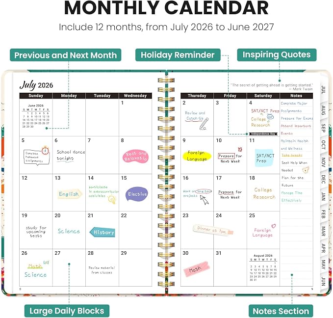 Planner 2026-2027, Hardcover Monthly and Weekly Academic Planner July 2026 - June 2027, Teacher and Student Calendar Agenda Book with Tabs, A5 (6.3" x 8.5"), Ideal for School and Office, Cat Beach