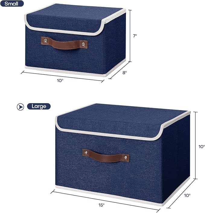 ANMINY 2PCS Storage Bins with Lid PU Leather Handles Storage Boxes PP Plastic Board Decorative Foldable Lidded Cotton Linen Fabric Home Cubes Baskets Closet Organizer Containers - Blue, Large Size