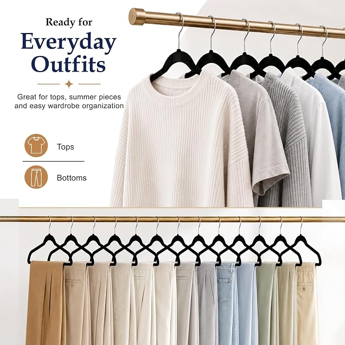 HOUSE DAY Black Velvet Hangers 60 Pack, Sturdy Non Slip Hanger Wrinkle-Free | Clothes Hangers with 360° Swivel Hook, Heavy Duty Slim Felt Hangers for Closet Space Saving, No Shoulder Bumps for Shirt-75g