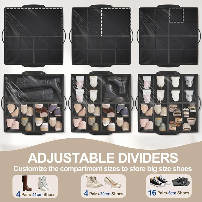 Large Shoe Organizer for Closet, 16 Pairs Shoe Storage Box with 360° Wheels & Reinforced Handles, Adjustable Dividers, Clear Cover, Side Pocket, Foldable Oxford Fabric Bin for Entryway, Black
