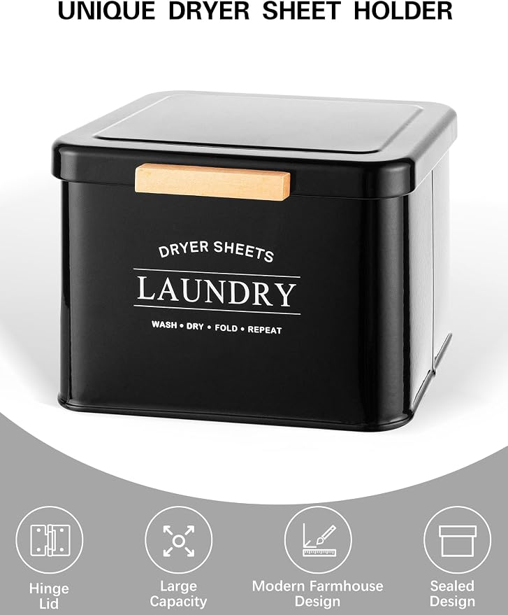 Dryer Sheet Holder with Hinged Lid for Laundry Room Organization, Metal Farmhouse Dryer Sheet Container, Dryer Sheet Box Laundry Room Decor & Accessories (Black)