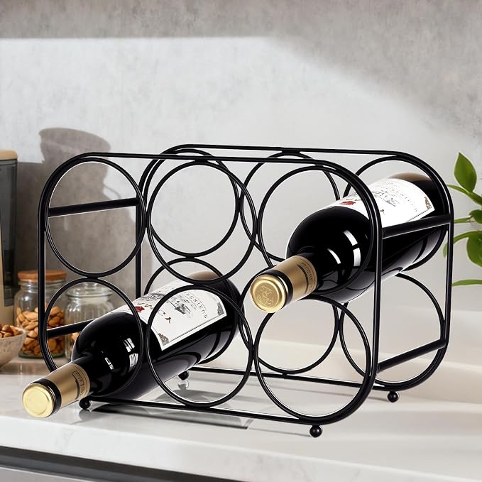 Countertop Wine Rack - 6 Bottle Freestanding Modern Black Metal Small Wine Rack - Tabletop Wine Holder Stand for Cabinet, Pantry, Wine Bottle Storage