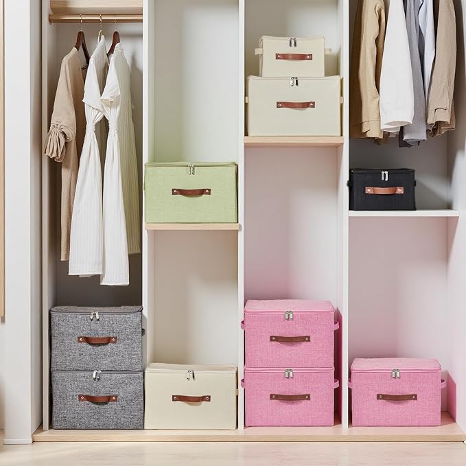 Storage Bins with Zipper Lid Cotton Linen Fabric Lidded Storage Baskets Boxes Foldable Washable Closet Shelf Clothes Organizer Container with PU Leather Handles (Pink, Small)