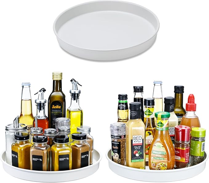 Amolliar Lazy Susan Turntable Organizer, Tray for Household Purpose, Rotating Metal Spice Spinner Rack for Cabinet, Kitchen, Fridge, Pantry Organization Storage, Under Sink Organizer, White 10" 3 Pack