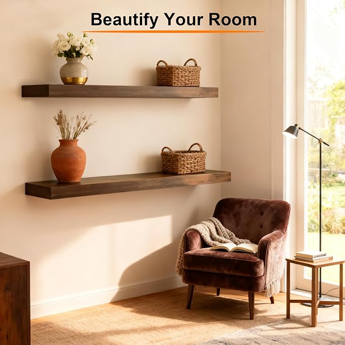Floating Shelves for Wall,Wall Shelves for Decor Storage,Display Shelving 36 inch Set of 2,Wall Mounted Wood Shelf for Bedroom,Living Room,Bathroom,Kitchen,Brown (2pcs,Brown)