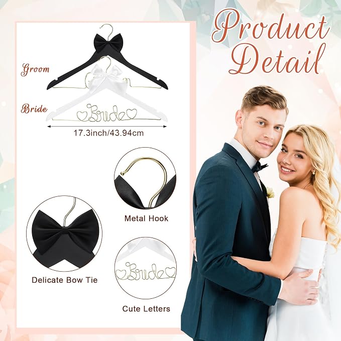 Beeveer 2 Pcs Wire Bride Hanger and Groom Wedding Wooden Hanger with Letter and Bow Tie for Tuxedo Suit Bridesmaid Bridal Wedding Gift Bridal Party Shower