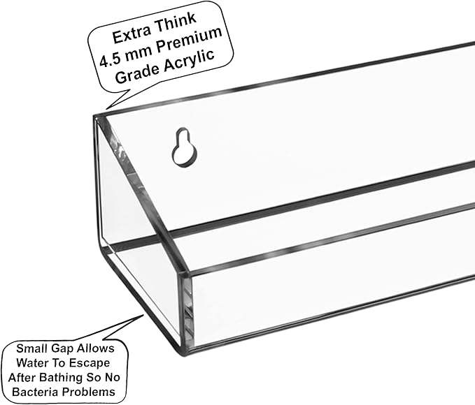 AMT 2 Pack Acrylic Floating Shelves, 15" L x 4" W, Clear Bathroom Wall Shelf, Bookshelves, Invisible Display for Office, Bedroom, Small Gap Allows Water to Escape, Free Screws & Drill Bit (Large)
