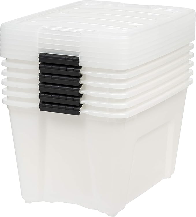 IRIS USA 54 Quart Stackable Plastic Storage Bins with Lids and Latching Buckles, 6 Pack - Pearl, Containers with Lids and Latches, Durable Nestable Closet, Garage, Totes, Tubs Boxes Organizing