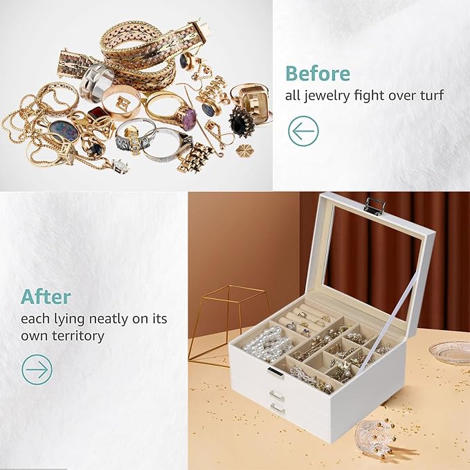 BOOVO Clear Lid Jewelry Box,3 Layers Jewelry Organizer Large Jewelry Storage Box with 2 Drawers,Jewelry Holder Organzier of Rings Earrings Necklace Bracelets for Women (White, 3 Layer)