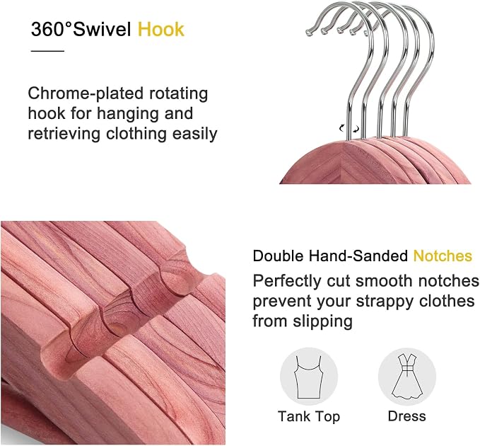 TOPIA HANGER 30-Pack American Red Cedar Wooden Hangers, Clothes Hangers for Closet, Wood Coat Hanger with Smooth Cut Notches, 360° Swivel Hook, Non-Slip Pants Bar-CT54C30