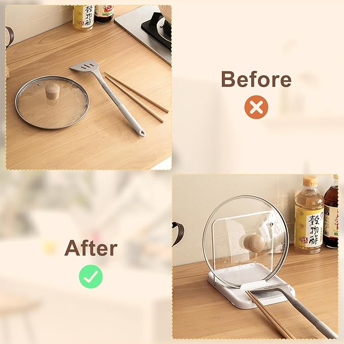 PAVSTINE Pot Lid Holder with Spoon Rest, Foldable, White | Foldable for Compact Storage, Nonslip Pads Prevent Sliding, Holds Lids & Cooking Utensils, Fits Kitchen Counter & Stove Top