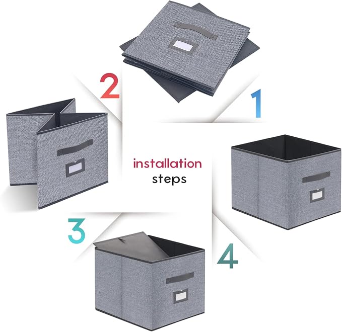 Onlyeasy Extra Large Cloth Storage Bins Foldable Cube Storage Bin 4 Pack - Fabric Cube Organizers Container Drawers with Dual Handles for Shelves, 13" W x 15" D x 13" H, Linen-Like Grey, 7MXDBXL04PLP