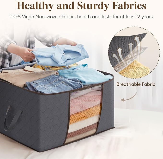 Lifewit 3 Pack 60L Clothes Storage Bins with Lids, Foldable Blanket Storage Bags with Zippers, Clear Window and Reinforced Handles, Closet and Organization for Clothing, Sweater, Comforter, Bedding