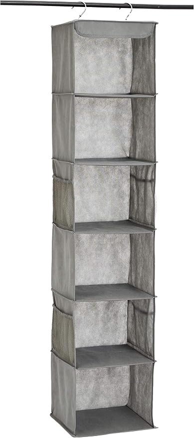 Amazon Basics 6-Tier Hanging Closet Shelf Organizer with Pockets, Clothes Storage for Sweaters and Clothing,8" Dx12 W x 9" L x 8.5" H, Grey (Pack of 10)