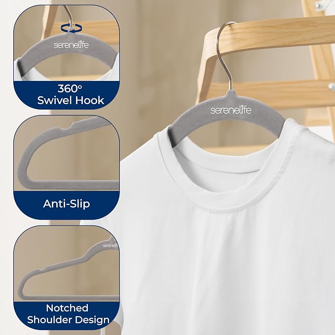 SereneLife Velvet Hangers – 10 Pack, Slim & Space Saving for Closets | Soft Velvet Grip Prevents Slipping On Silk, Satin & Knitwear – 360° Swivel Hook Fits All Standard Closet Rods