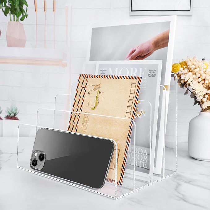 2PCS Clear Acrylic File Organizer for Desk, 4 Section Acrylic Desk Organizer and Accessories, Acrylic File Folder Holder Sorter, Office Supplies for Mail Letter Paper Electronic
