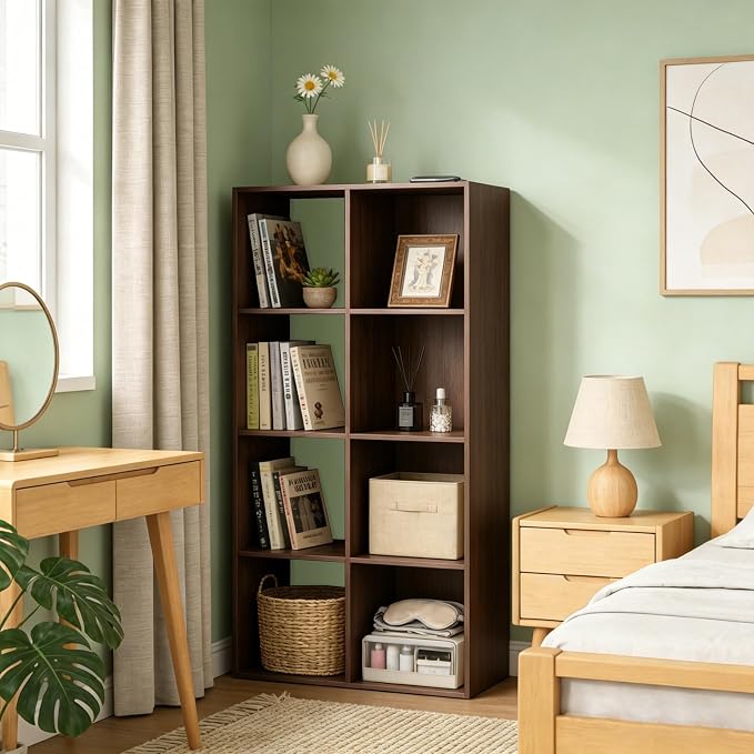 8 Cube Shelf with Anti-Tipping Kits + Reversible Open Back Bookcase, Multi Layer and Multi Grid Partition Layout (Chocolate 11in)