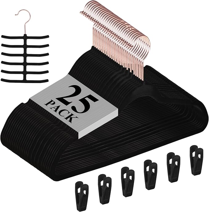 VECELO Premium Velvet Clothes Hangers Suit Heavy Duty (25 Pack)-Non Slip & Space-Saving with 6 Finger Clips & Tie Rack Excellent for Men and Women，Black