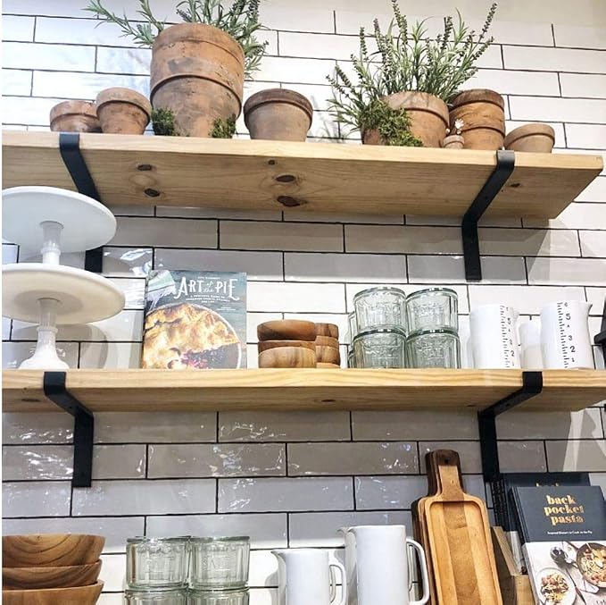 Heavy-Duty Shelf Brackets - Premium Construction Grade 1/4" (6mm) Thick Steel - Matte Black Iron Finish for Modern Farmhouse Rustic Open Shelving w/ Hardware, 4-Pack - (L Bracket w/ Lip, 9.25" x 6")