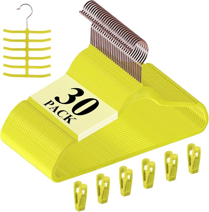 VECELO Premium Velvet Clothes Hangers Suit Heavy Duty (30 Pack)-Non Slip & Space-Saving with 6 Finger Clips & Tie Rack Excellent for Men and Women，Yellow
