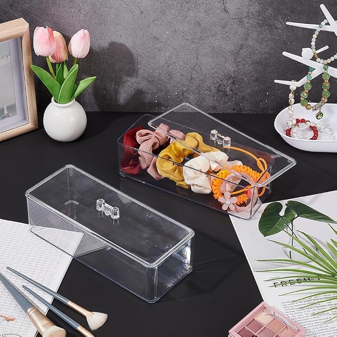 Acrylic Makeup Organizer Cosmetic Storage Display Case Makeup Brush Cotton Ball Pads Swab Q-tip Holder Lipstick Dispenser Canister Bathroom Container (9.2x3.7x3.5in, 1 Tier, Clear)