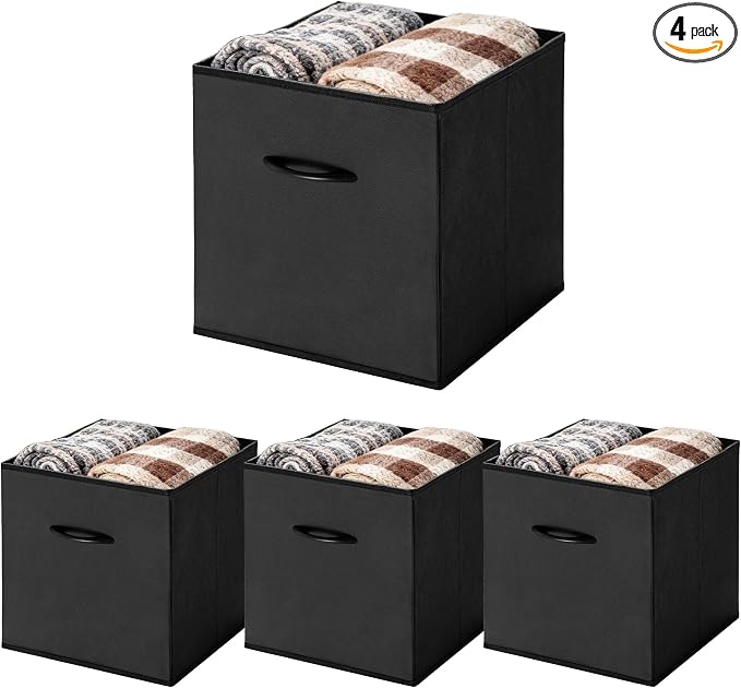 WUIKE Black Storage Cubes, 13-Inch Faux Leather Front Bins, 4-Pack | Collapsible Cubby Organizer Baskets with Handles for Shelves and Closets