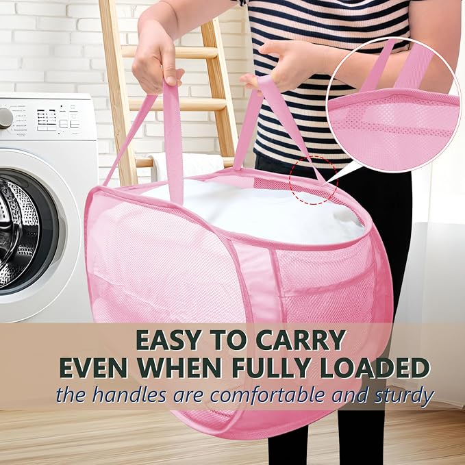 Pop Up Laundry Hamper,Collapsible Horizontal Baskets with Handles & Side Pocket,Foldable Sturdy mesh for Laundry Room,Bathroom,Kids Room,College Dorm or Travel (Pink)