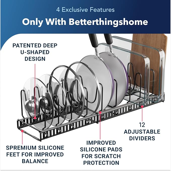 Better Things Home 5.5” Wide 12-Slot Adjustable Pot Lid Organizer with Scratch-Free Pads, Expandable Pot Lid Holder Rack for Cabinet, Small to Medium Pots and Pans Organizer Inside Cabinet