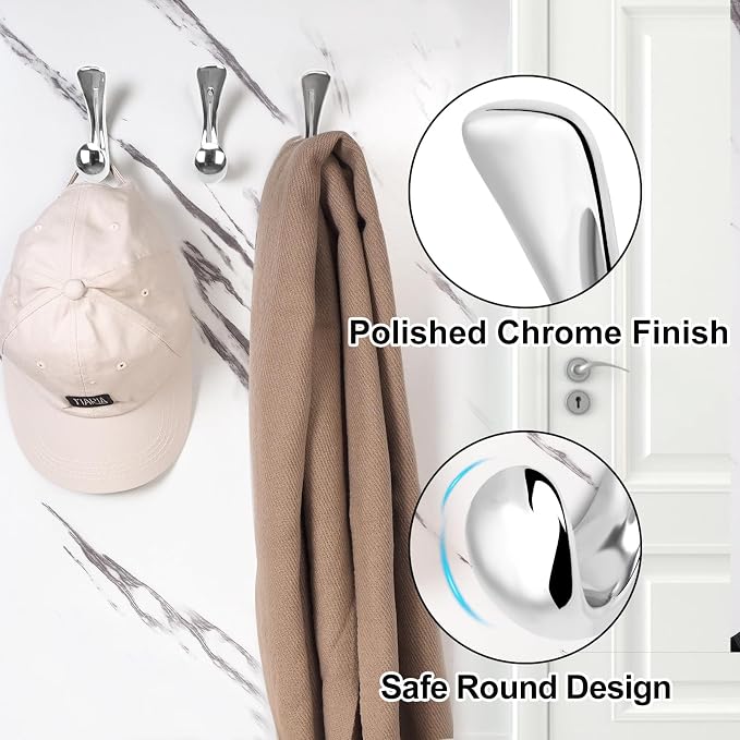 2 Pack Towel Hooks for Bathrooms Wall Mounted, Polished Chrome Bathroom Hooks for Towels, Robe & Towel Hook for Wall, Modern Bath Towel Hook