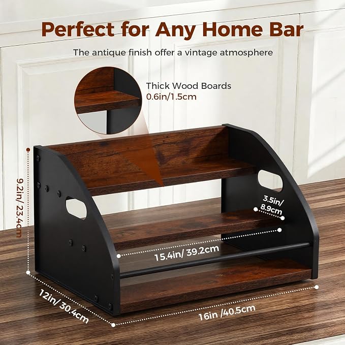 Liquor Bottle Display Shelf, Coffee Syrup Rack Organizer with Metal Hand, 3 Step Countertop Liquor Wine Rack, Mini Bar, Liquor Cabinet, Home Retro Bar Shelf Stand for Liquor Whiskey, Bourbon, Spirits