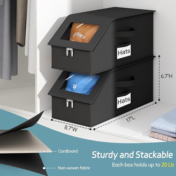 AOODA 2 PCS Stackable Hat Storage for Baseball Caps, Holds up to 24 Caps Hat Organizer for Closet, Sturdy Snapback Boxes for Men with Cardboard (Pure Black)