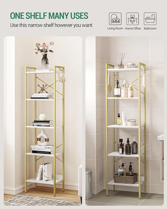Hzuaneri Bookshelf, Book Shelf, Industrial Bookcase with 2 Hooks, Coner Shelf Storage Organizer for Home Office, Living Room, Bedroom, Kitchen, 5-Tier White Gold BC10513G