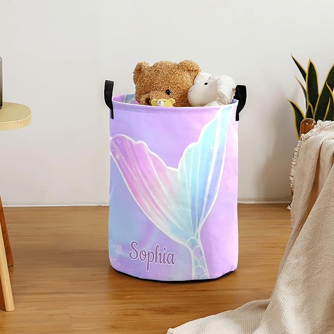 Mermaid Tail Purple Laundry Basket Personalized Name Waterproof Laundry Hamper with Handles for Laundry Room Bathroom College
