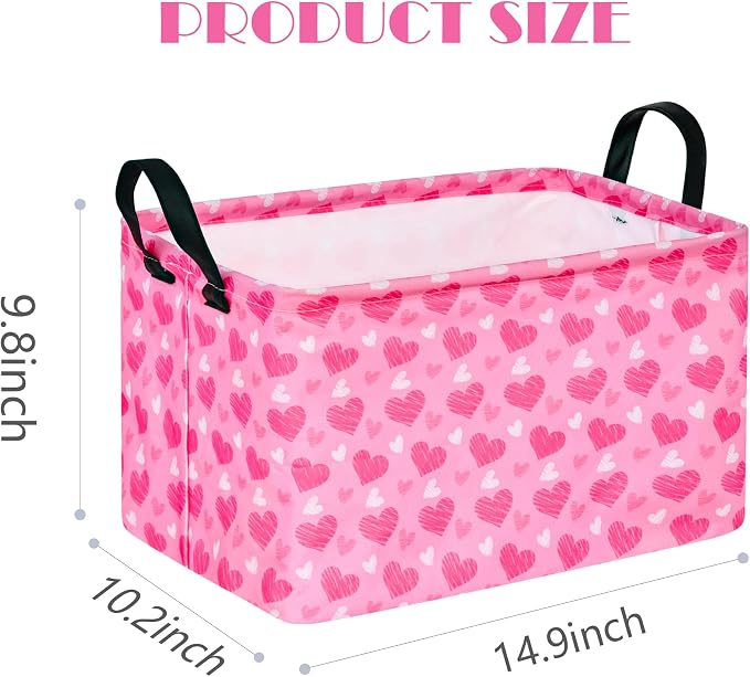 MAIZMZ Girls Storage Basket Heart Print Storage Cube for Women, Closet Shelf Organizer Bins Empty Gift Basket with Handles Girls Nursery hamper Kids Toys Books Box Room Deco