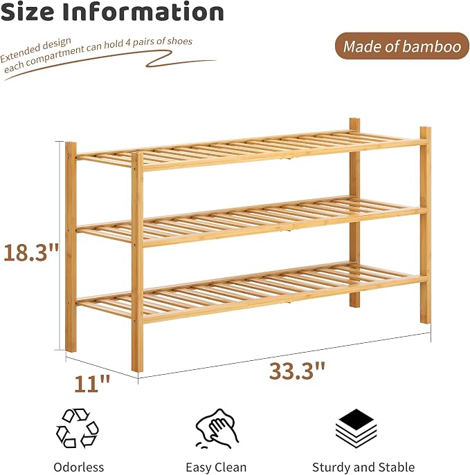 Bamboo Shoe Rack Stackable Shoe Shelf Storage Organizer for Unit Entryway Hallway and Closet Sturdy Freestanding Shoe Shelf(3L Tier Natural)