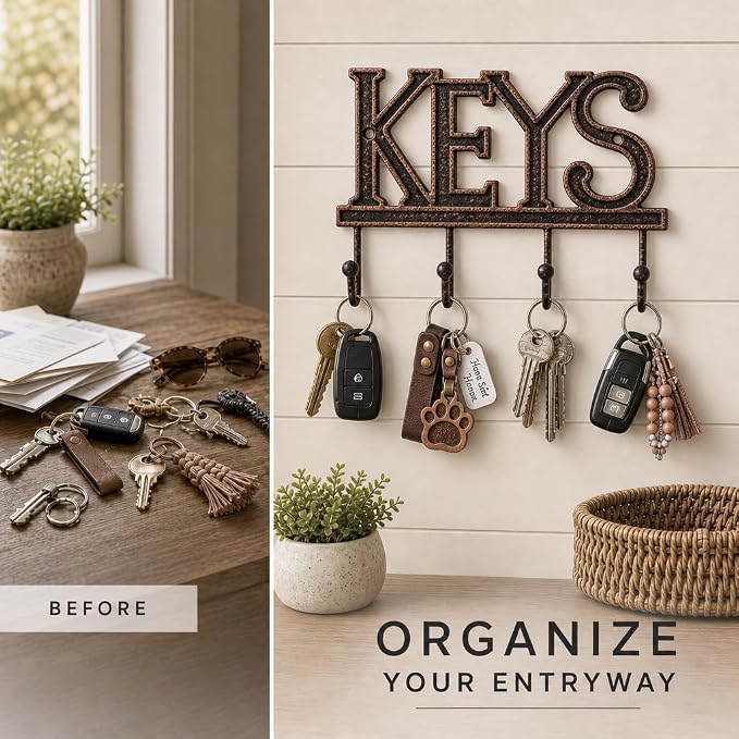 Comfify Copper-Black Cast Iron Key Holder for Wall – Keys Sign with 4 Hooks | Warm copper and black antique finish; mounting hardware included; entryway, hallway or door; 6"H x 8"L; holds 8 keychains