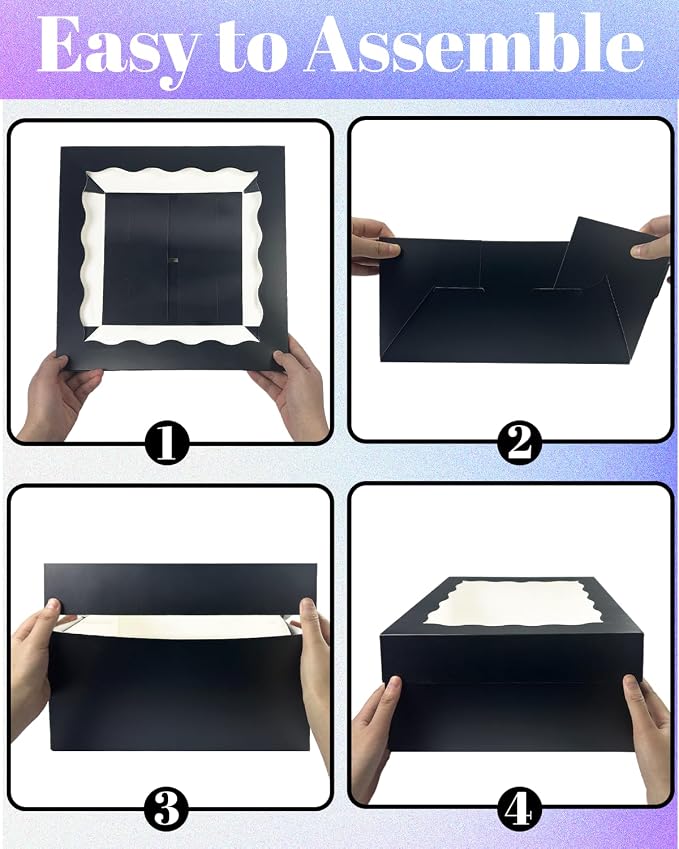 qiqee Black 10x10x8 Cake Box, 18 Sets Cake Box with Window ＆ 18 Sets 10" Cake Round Boards, 10inch Cake Containers, 10 Meters Pink Silk Ribbon Includes
