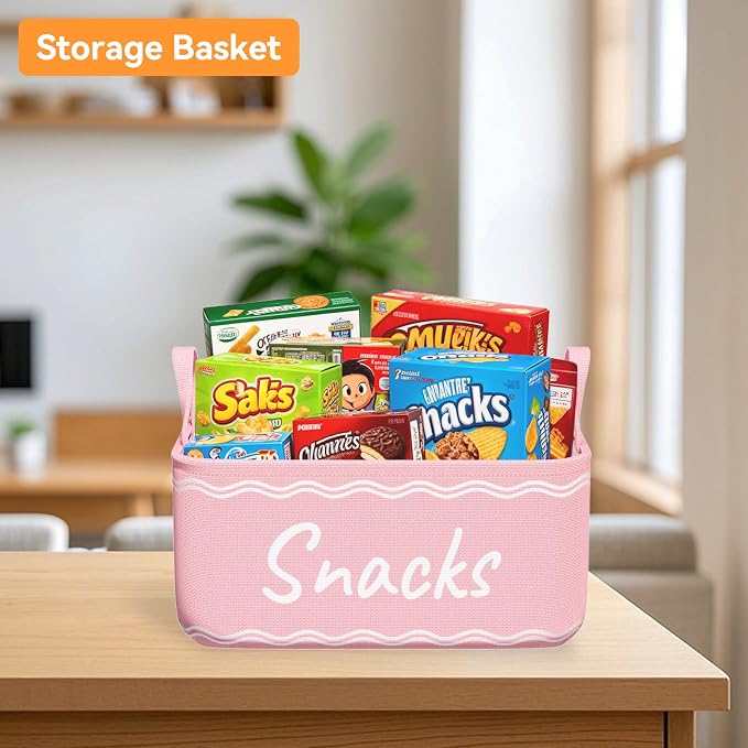 Snack Basket for Pantry & 5 Seal Clips - Snack Bin Organizer for Countertop - Imitation Linen Snack Storage Containers for Storing Chips, Pretzels, Cookies, Popcorn and more (1, Pink)