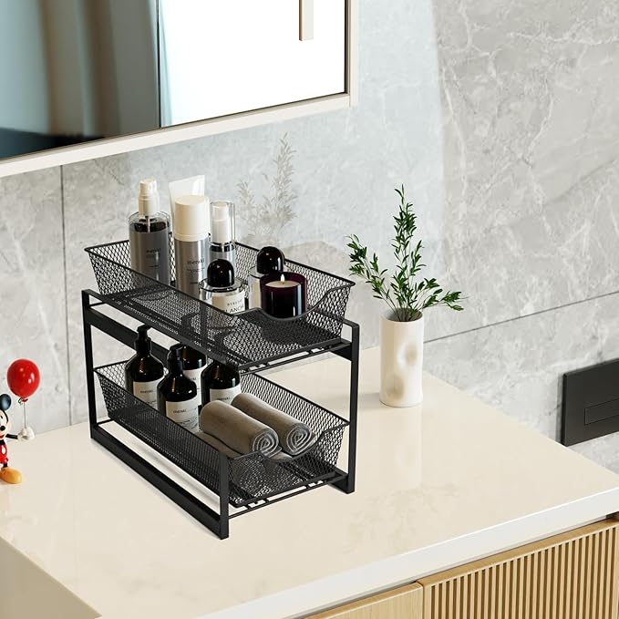 IBERG 2 Tier Bathroom Organizer Under Sink with Pull Out Drawer (Black)
