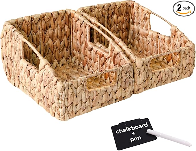 KOKODO 2-Pack Open Front Pantry Baskets, Handwoven Water Hyacinth Wicker Storage Baskets with Built-in Handles, Organizing Bins for Shelves