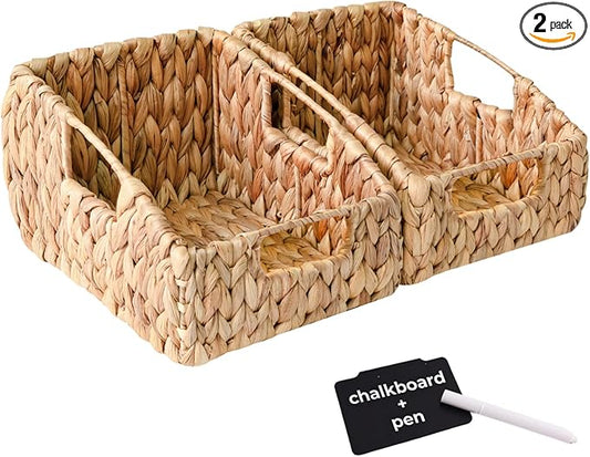 KOKODO 2-Pack Open Front Pantry Baskets, Handwoven Water Hyacinth Wicker Storage Baskets with Built-in Handles, Organizing Bins for Shelves