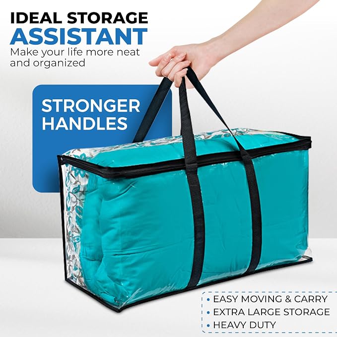 VitalUp 4 Pack Clear Large Moving Bags, Heavy Duty Storage Bags, College Totes, Storage Bins, for Organizing Blankets, Clothing for College, Dorm, Packing, Durable with Zipper and Handle 25x14x12