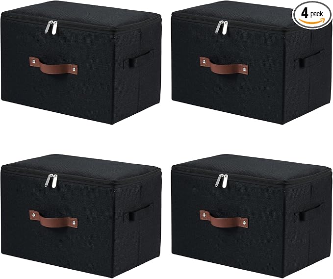 4 Pack Storage Bins with Zipper Lid Cotton Linen Fabric Lidded Storage Baskets Boxes Foldable Washable Closet Shelf Clothes Organizer Container with PU Leather Handles (Black, Large)