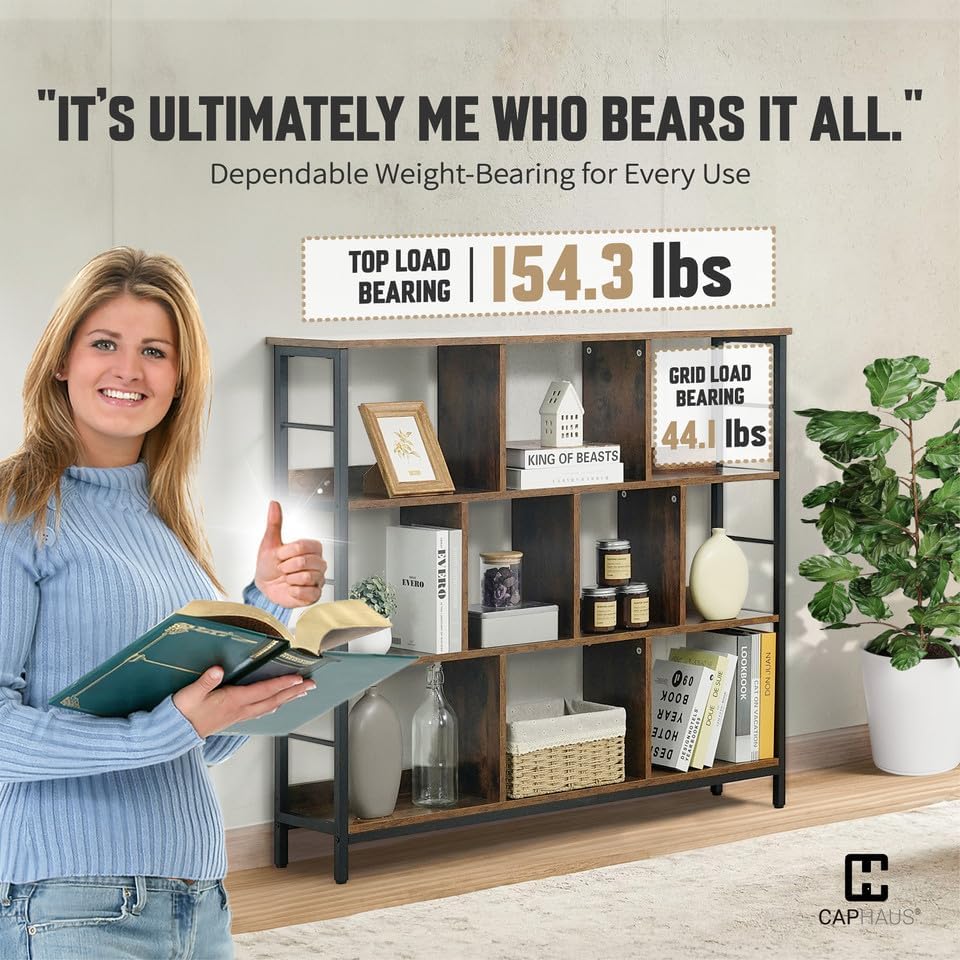CAPHAUS 10 Cube Storage Organizer, 48” Wide 3 Tier Rustic Oak Industrial Open Shelf Bookcase, Display Shelf, Horizontal 