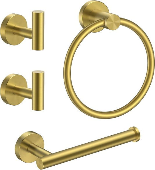 FORIOUS 4 Piece Bathroom Accessories, SUS304 Stainless Steel Toilet Paper Holder, Towel Ring and 2 Towel Hooks, Wall Mounted Bathroom Hardware Set (Brushed Gold)