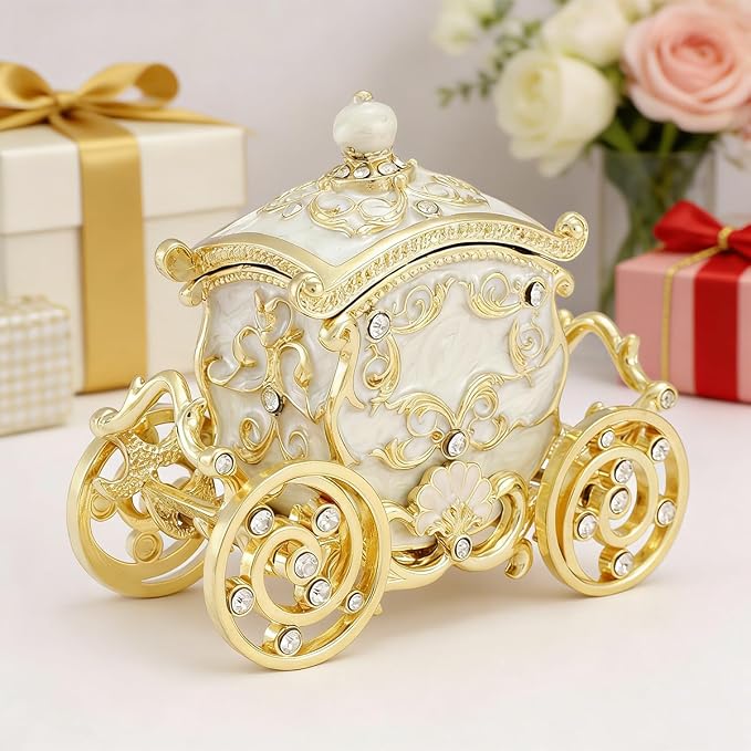 Retro Carriage Jewelry Trinket Box Enamel Ring Hold Boxes Hand-Painted Vintage Ornaments Craft Gift for Women(White)
