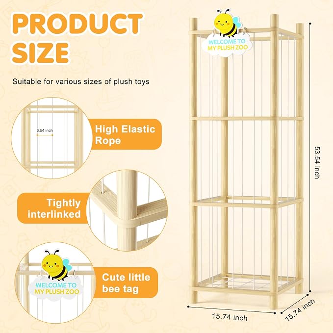 Stuffed Animal Storage Zoo Organizer Natural Pine Plushies Storage with Elastic Bands Vertical Wood Toy Holder Mesh Net Space Saving Design for Playroom Nursery Kids Bedroom