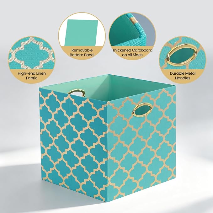 Posprica 11x11x11 Storage Cube Bins, Collapsible Storage Bins Fabric Storage Cubes Organizer Baskets Box Drawers for Shelves, Closet, Wardrobe, Bookshelf, Cabinet, Sky Blue/Gold Lantern, 4 Pack